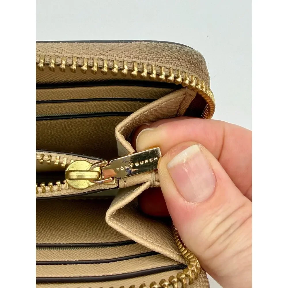 Tory Burch Zip Around Continental Wallet Tan Saffiano Leather Colorblock